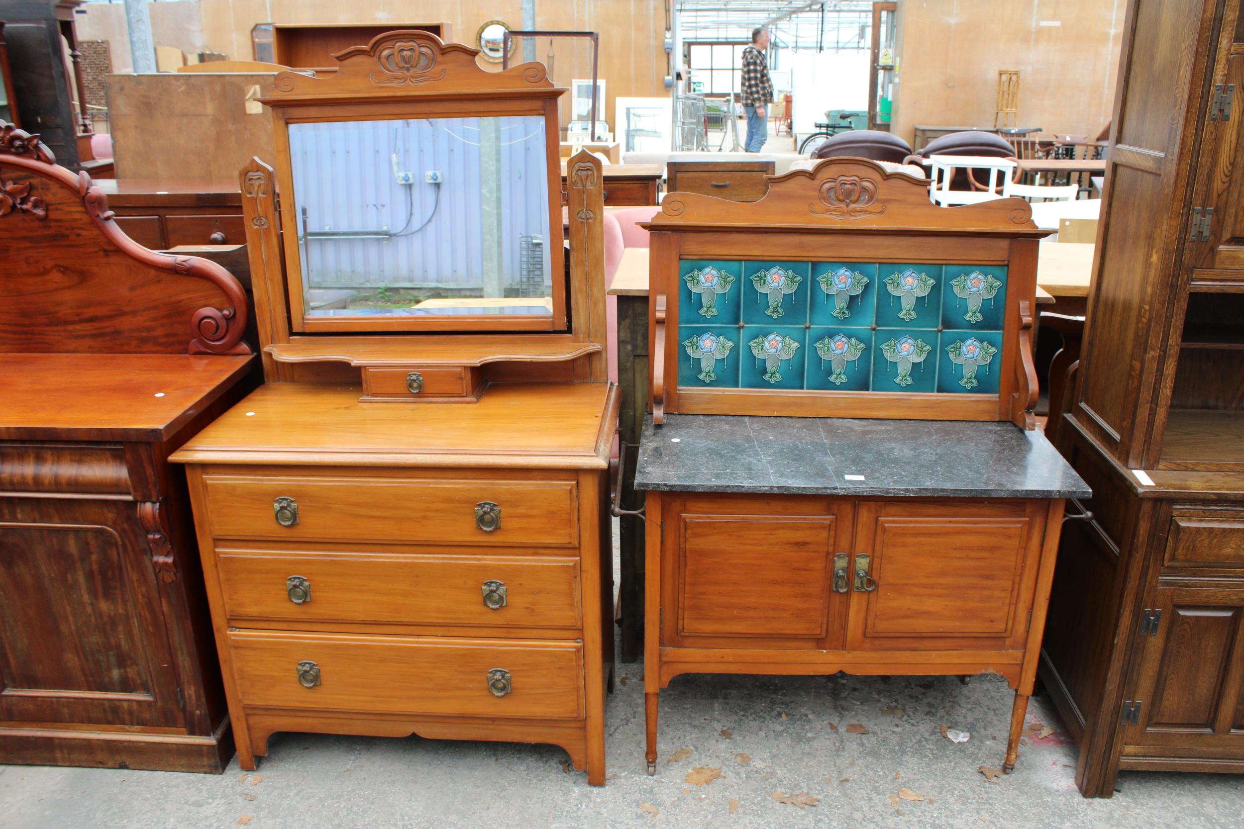 A VICTORIAN SATINWOOD DRESSING CHEST AND MARBLE TOP WASHSTAND