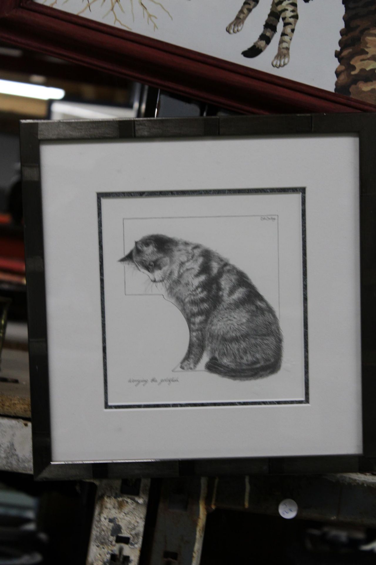 A WATERCOLOUR OF A TABBY CAT IN A TREE PLUS A PRINT OF A CAT, 'WORRYING THE GOLDFISH' - Image 2 of 6