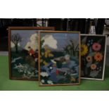 THREE FELT PICTURES TO INCLUDE A HUNTING SCENE, DUCKS AND FLOWERS