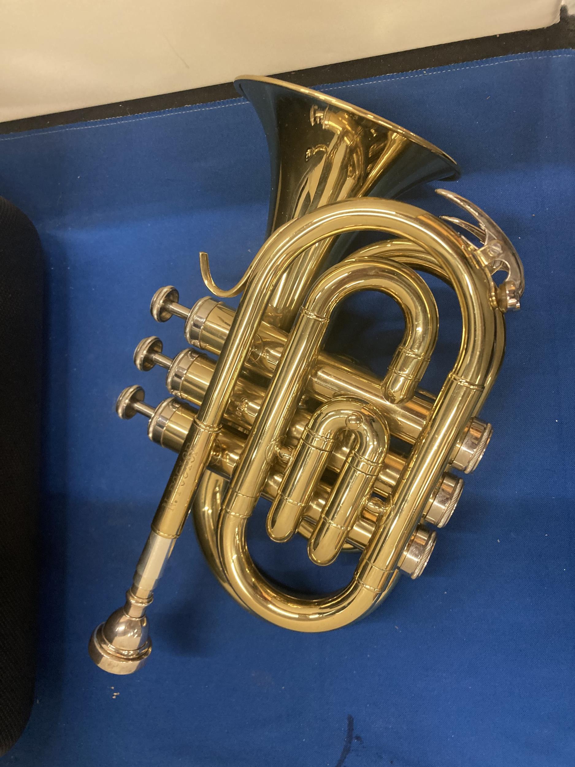 A JOHN SCHEERER & SON PRIMO POCKET TRUMPET WITH CASE - Image 2 of 4