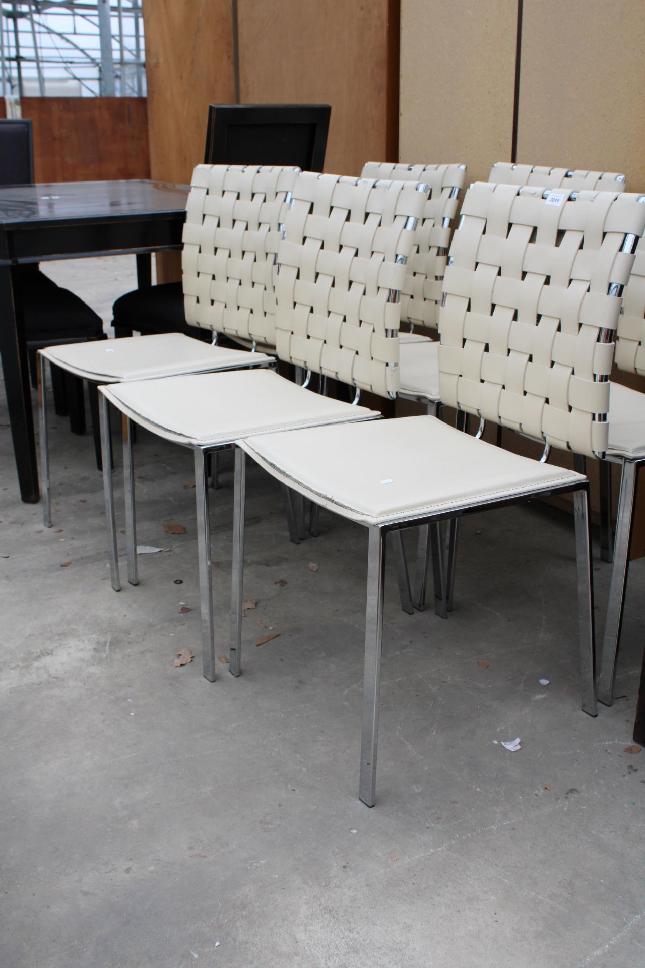 A SET OF SIX POLISHED CHROME DINING CHAIRS WITH CREAM FAUX LEATHER SEATS AND LATTICE BACKS - Image 2 of 2