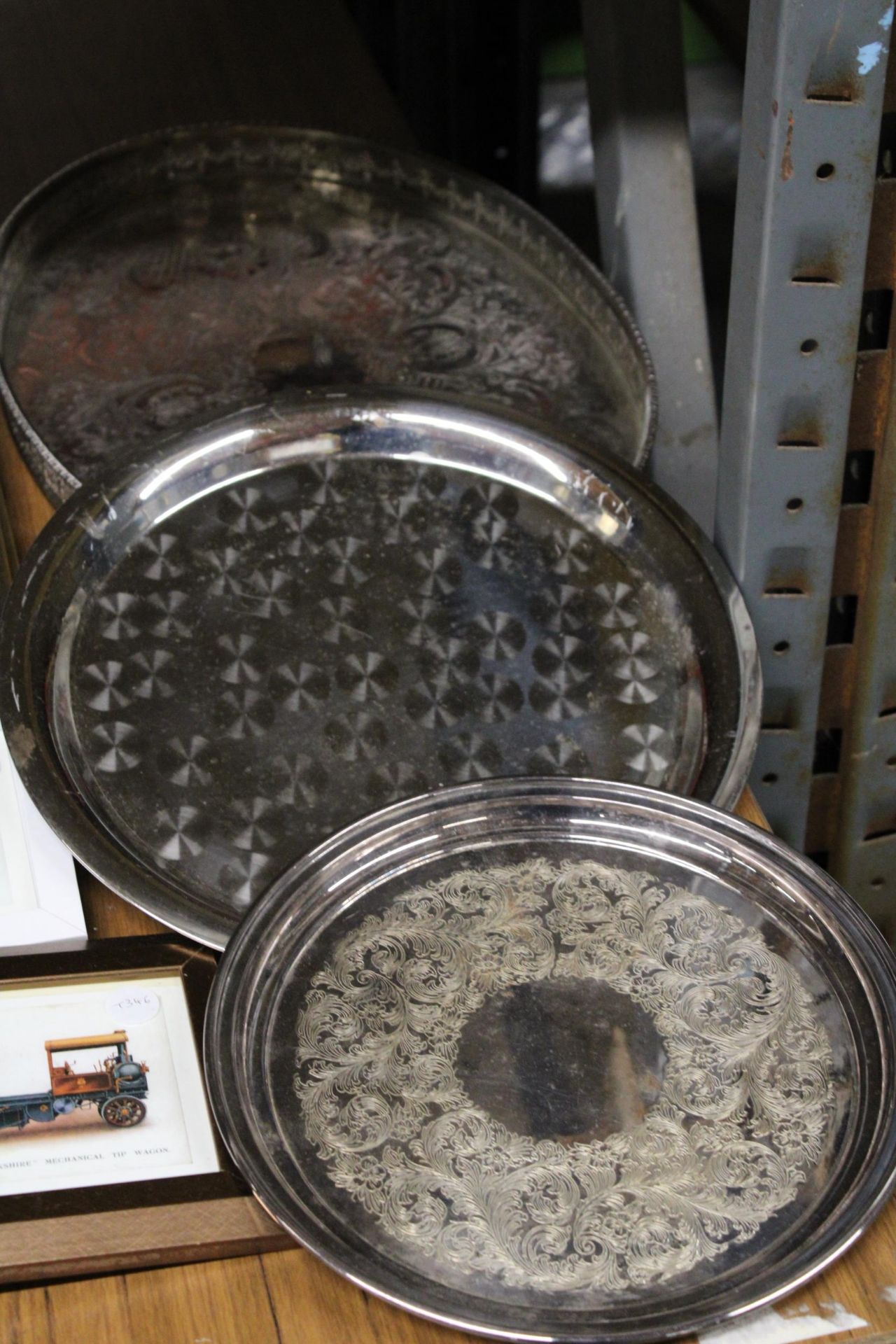 THREE SILVER PLATED TRAYS TO INCLUDE ONE GALLERIED