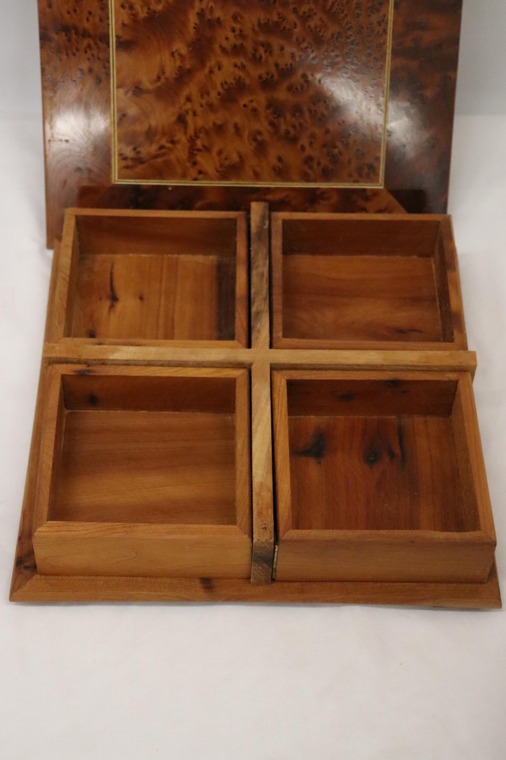 A THUYA WOODEN BOX WITH FOUR COMPARTMENTS TOGETHER WITH A WOODEN DESK TIDY AND PUZZLE BOX - Image 3 of 8