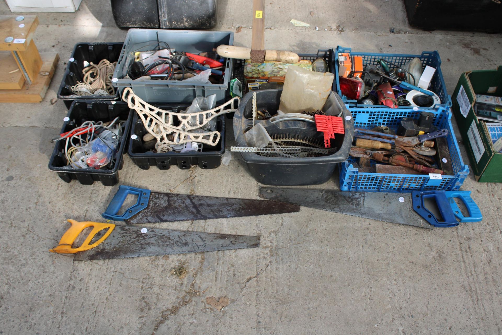 A LARGE ASSORTMENT OF TOOLS AND HARDWARE TO INCLUDE TIN SNIPS, BRACE DRILLS AND STAPLES ETC