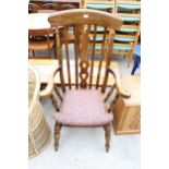 A BEECH FARMHOUSE CHAIR WITH PIERCED SPLAT BACK