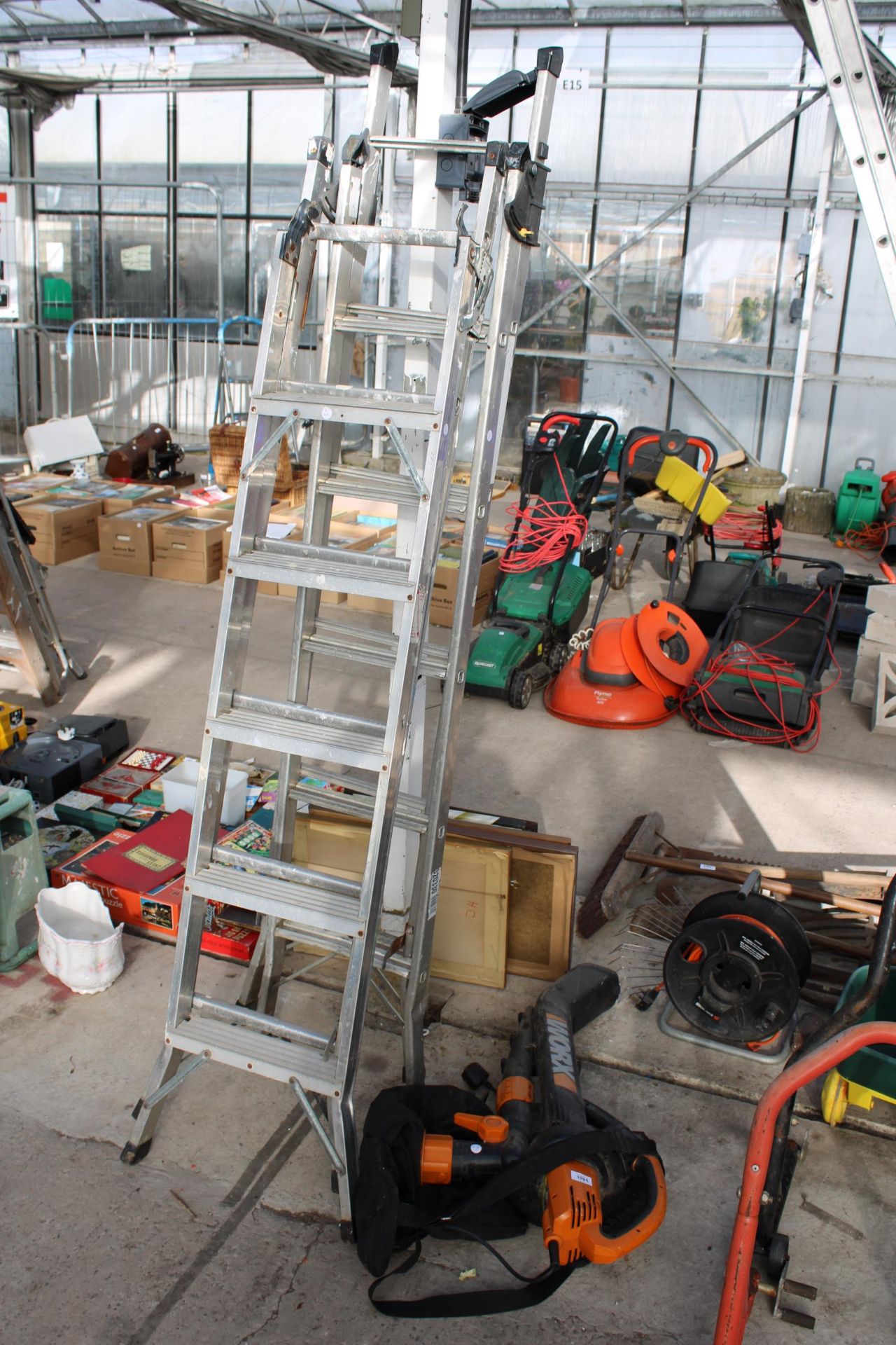 A WORK ELECTRIC LEAF BLOWER AND TWO ALUMINIUM MULTI FUNCTIONAL LADDERS