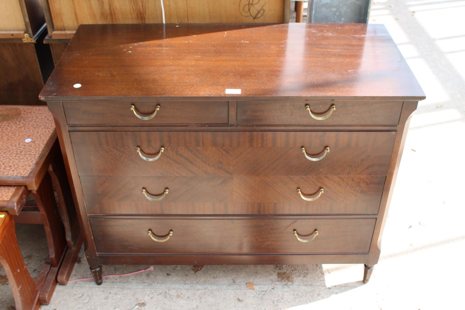 A MAHOGANY CHEST OF TWO SHORT AND THREE LONG DRAWERS 39" WIDE