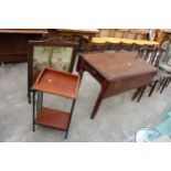 A VICTORIAN MAHOGANY PEMBROKE TABLE ON KNURLED LEGS, A TELEPHONE TABLE AND WOOLWORK FIRE SCREEN