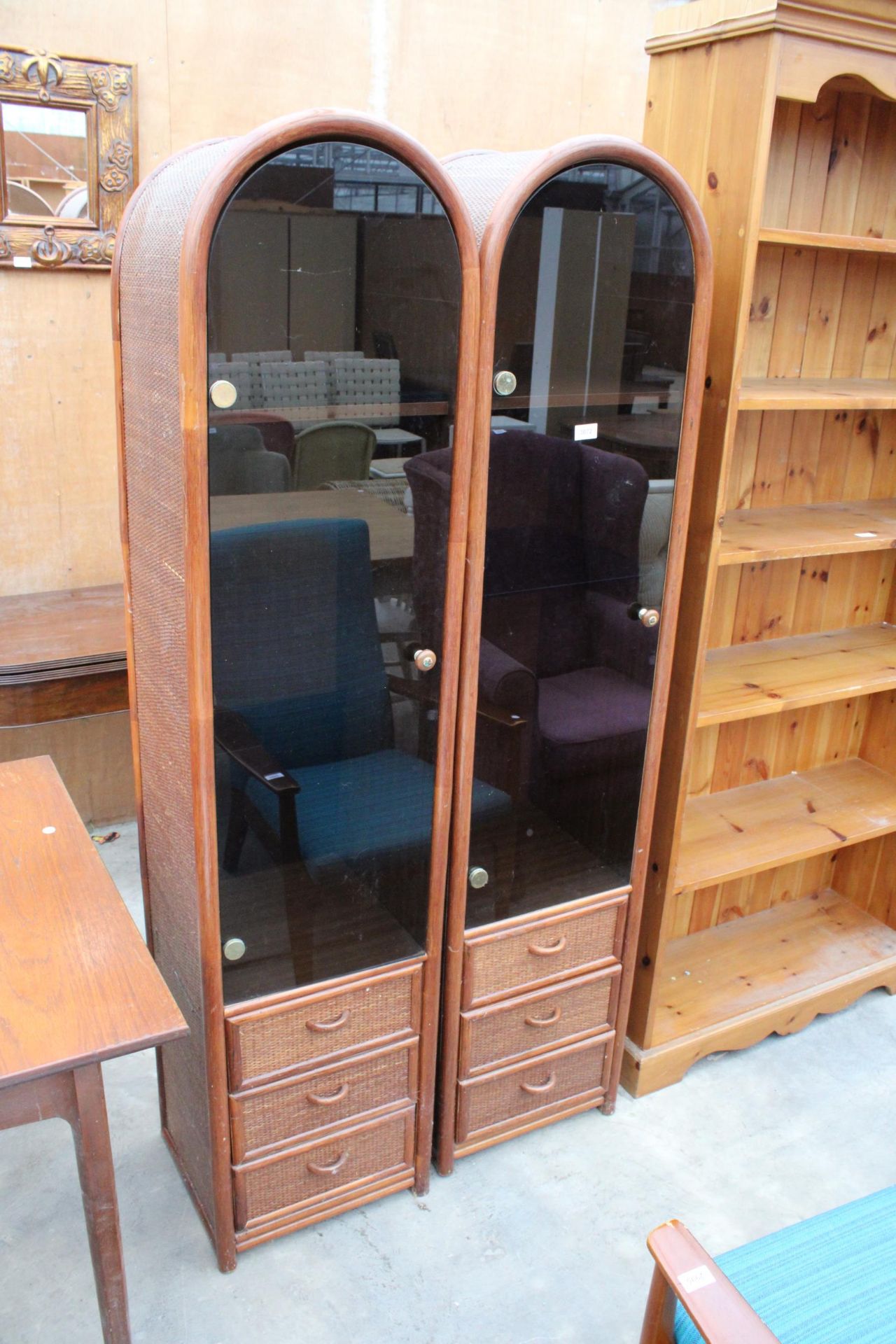 A PAIR OF DOME TOP WICKER DISPLAY CABINETS WITH SMOKED GLASS DOORS 16" WIDE EACH