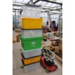 SEVEN VARIOUS LIDDED PLASTIC STORAGE BOXES