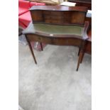 A REPRODUCTION MAHOGANY LADIES WRITING TABLE 36" WIDE WITH INSET LEATHER TOP