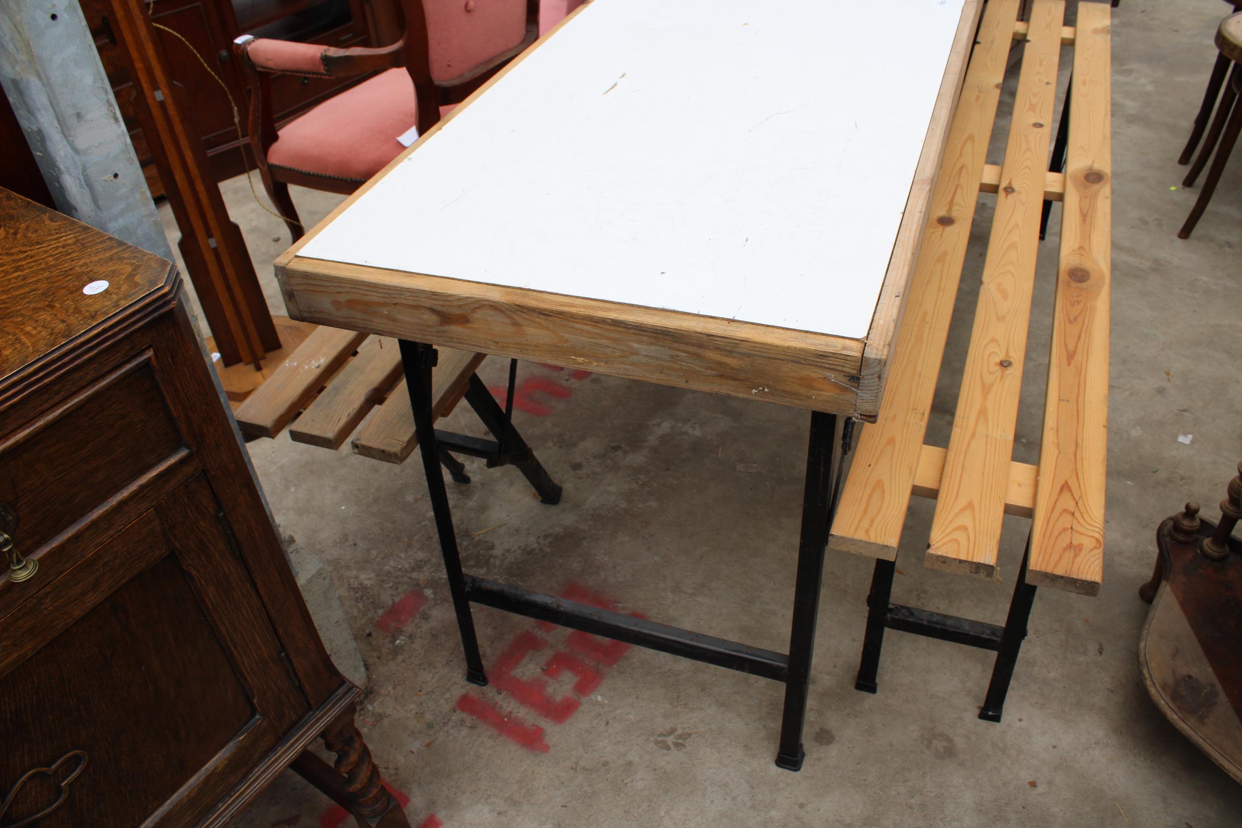 A FOLDING TABLE AND PAIR OF FOLDING BENCHES - Image 2 of 3