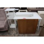 A WHITE PAINTED KITCHEN TABLE, SMALLER TABLE WITH WOODEN TOP AND OPEN DISPLAY UNIT