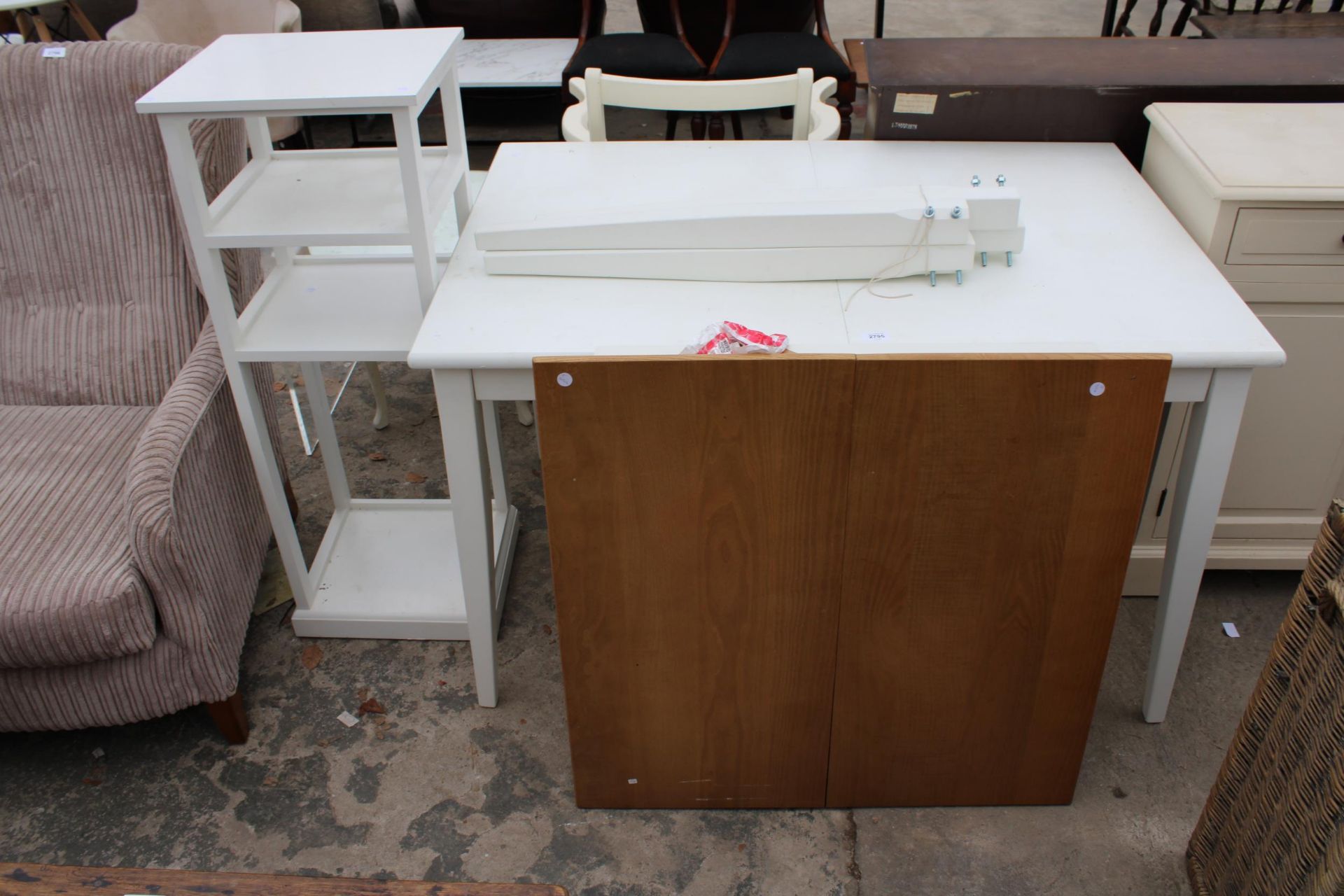 A WHITE PAINTED KITCHEN TABLE, SMALLER TABLE WITH WOODEN TOP AND OPEN DISPLAY UNIT