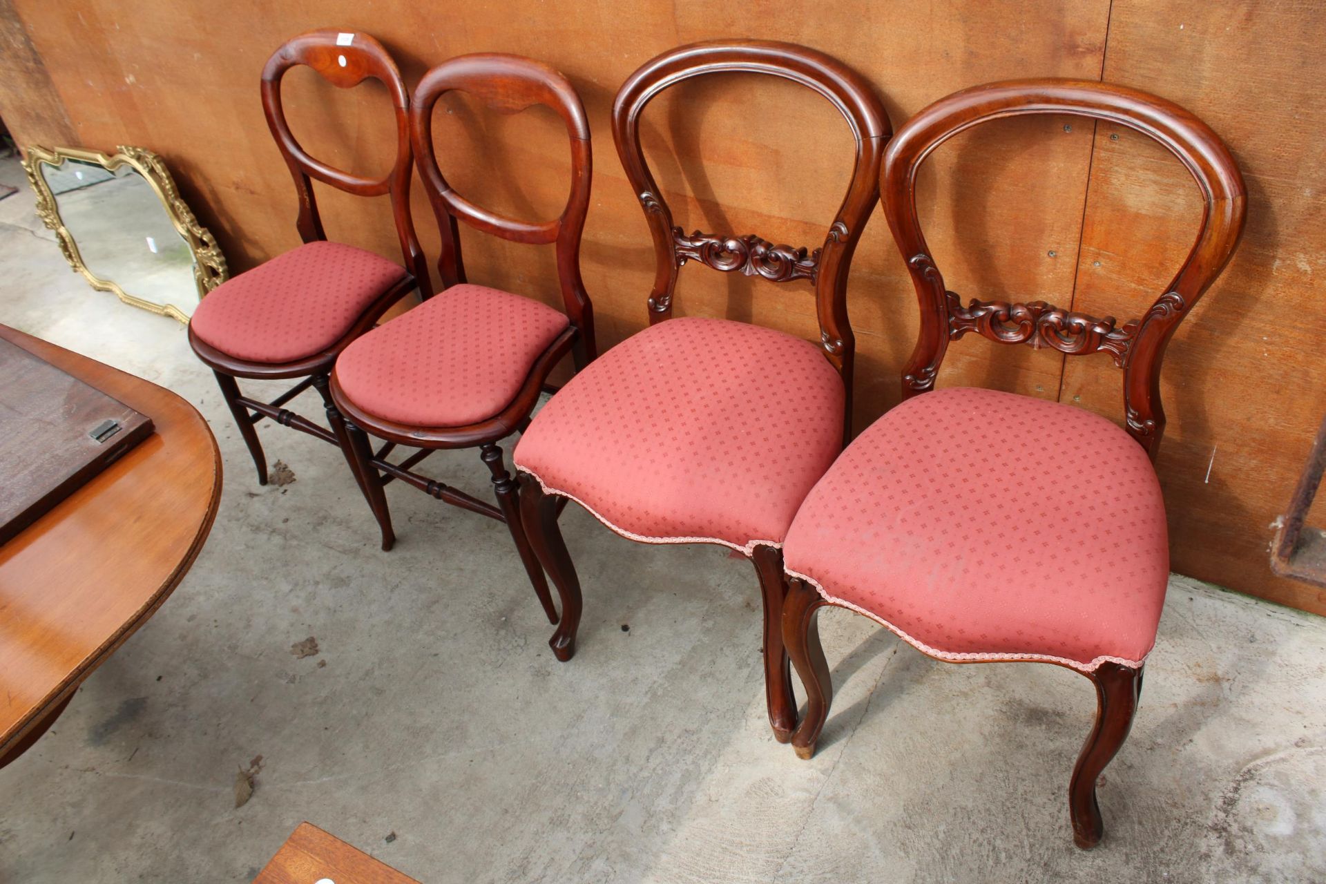 A PAIR OF VICTORIAN STYLE DINING CHAIRS AND A PAIR OF BEDROOM CHAIRS