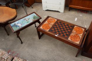 A RETRO TILED TOP COFFEE/GAMES TABLE AND COFFEE TABLE WITH WOOLWORK TOP ON CABRIOLE LEGS