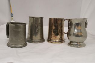 FOUR VINTAGE PEWTER TANKARDS, ONE WITH RAFA EMBLEM