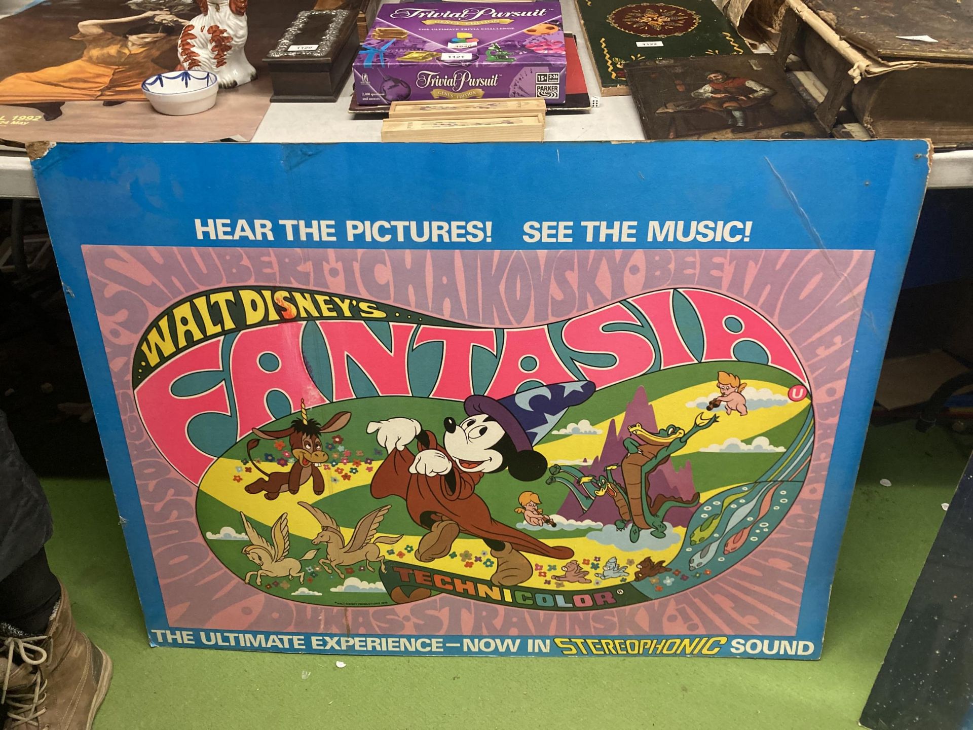 A VINTAGE WALT DISNEY PRODUCTIONS "FANTASIA" PICTURE ON BOARD APPROXIMATELY 99CM BY 73CM