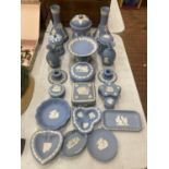 A LARGE QUANTITY OF WEDGWOOD JASPERWARE TO INCLUDE A TOBACCO JAR, VASES, TRINKET BOXES, PIN