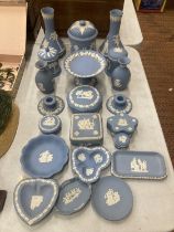 A LARGE QUANTITY OF WEDGWOOD JASPERWARE TO INCLUDE A TOBACCO JAR, VASES, TRINKET BOXES, PIN