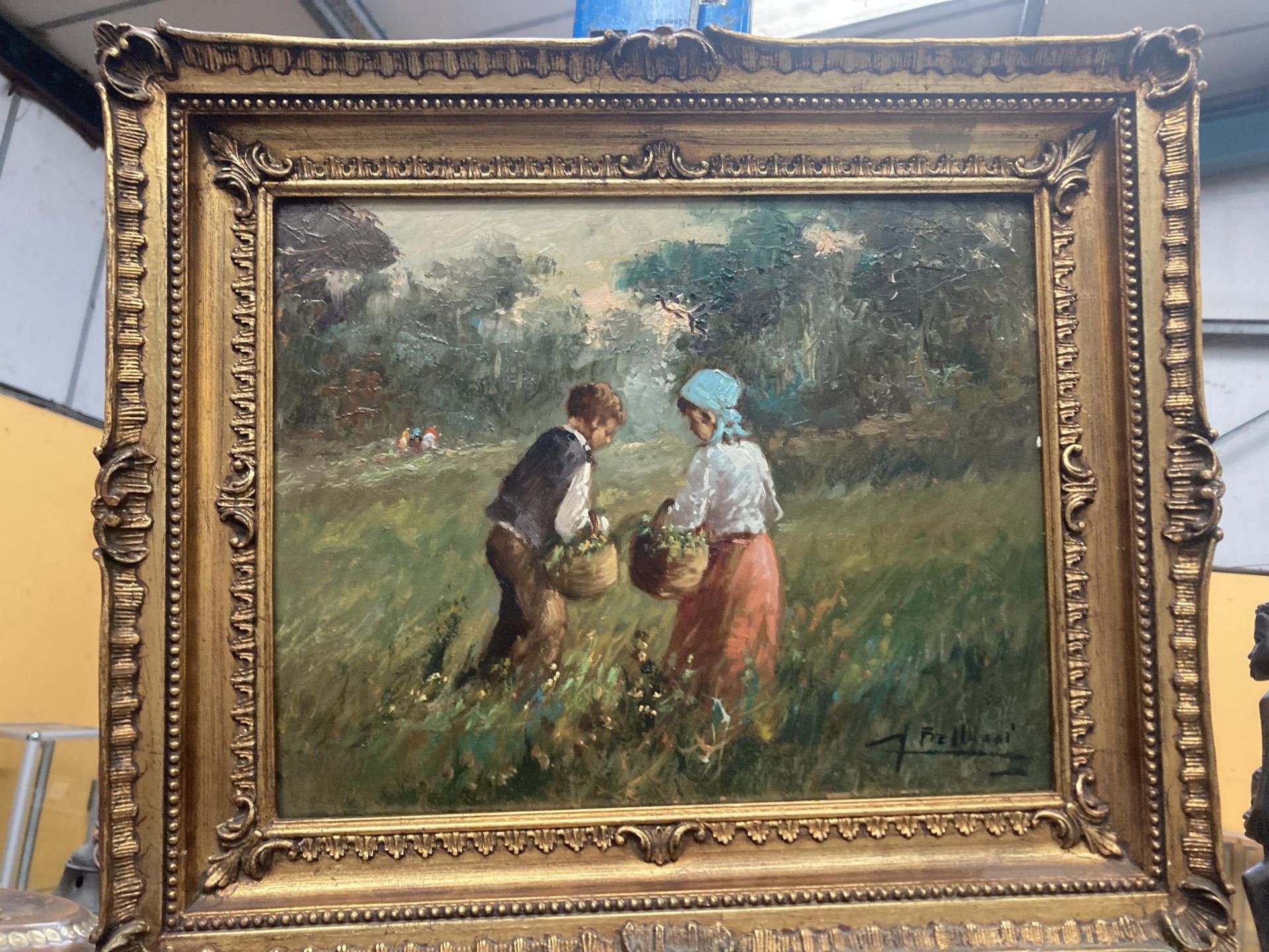 A GILT FRAMED OIL ON BOARD OF TWO CHILDREN BY A RIVER SIGNED 29.5CM X 23CM