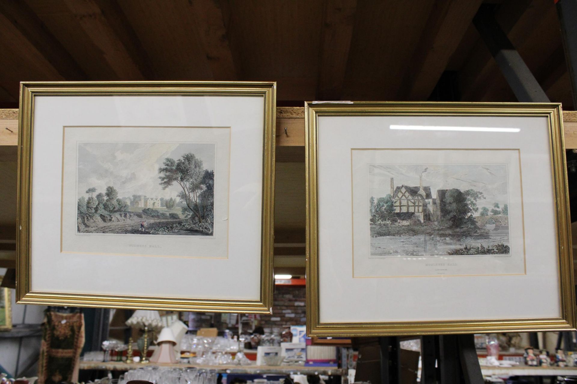TWO VINTAGE COLOURED ENGRAVINGS, 'MOSLEYES HALL' AND 'WIDNESS HALL', FRAMED