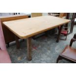 A PITCH PINE KITCHEN TABLE BASE WITH LATER TOP 72" X 36"