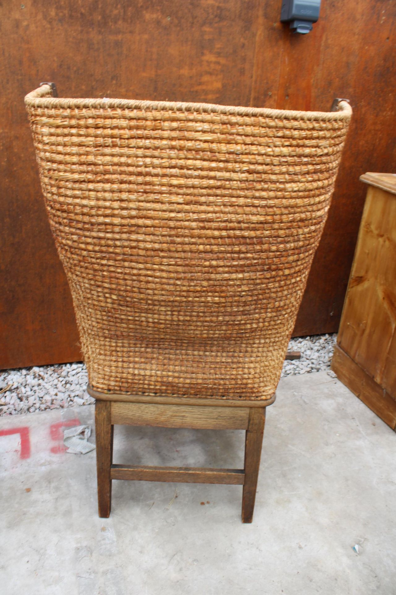 AN OAK ORKNEY CHAIR OF SMALL PROPORTIONS WITH WICKER SEAT AND STITCHED STRAW BACK - Image 3 of 3