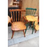 A PINE ELBOW CHAIR AND A HIGH BACK STOOL