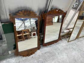 TWO DECORATIVE WALL MIRRORS - ONE OAK, ONE MAHOGANY