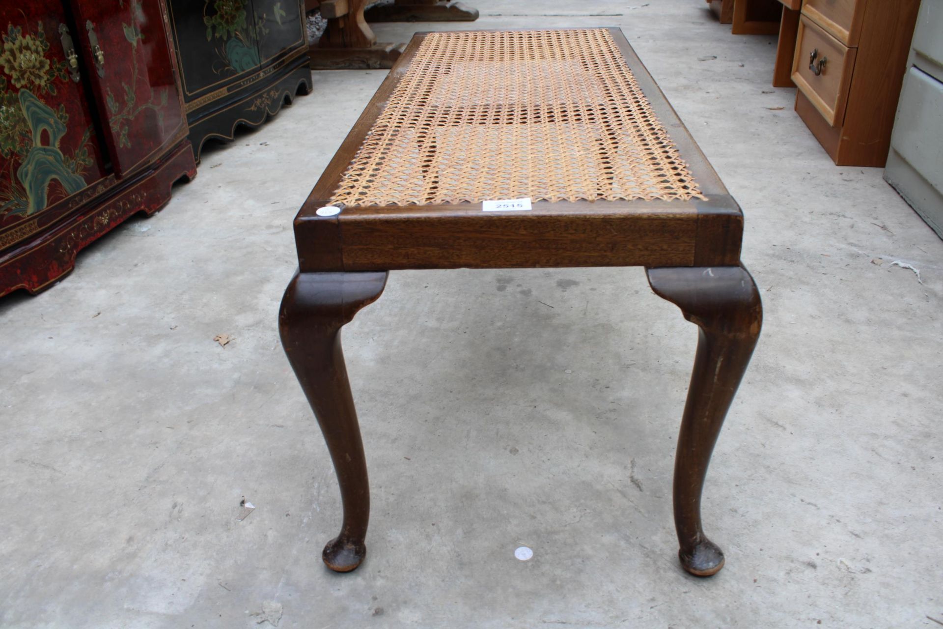 A MID 20TH CENTURY DUET STOOL ON CABRIOLE LEGS WITH SPLIT CANE SEAT - Image 2 of 2