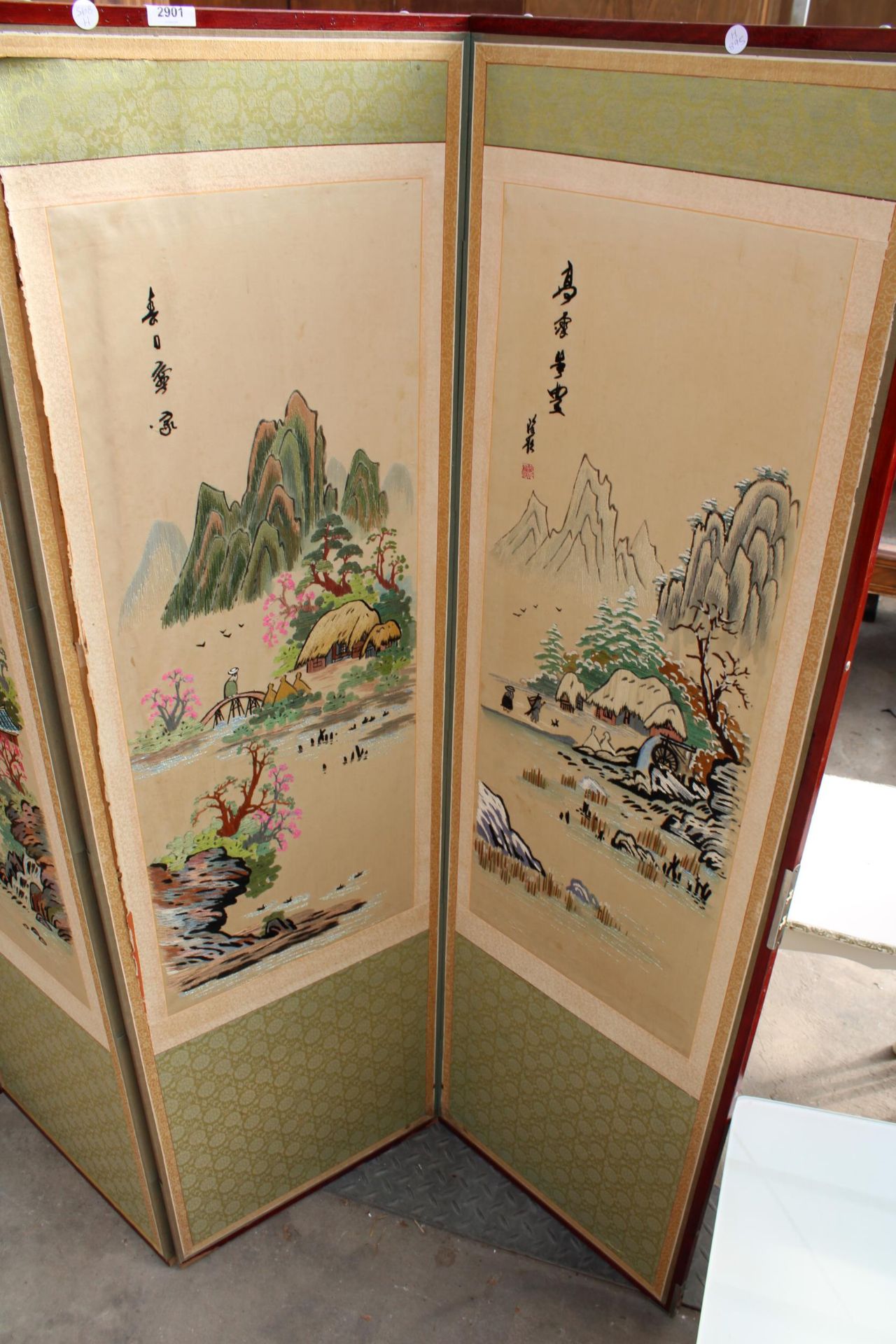 AN ORIENTAL SIX DIVISION SCREEN WITH TAPESTRY AND SILK MOUNTAIN SCENES EACH SECTION IS 60" X 18" - Image 4 of 8