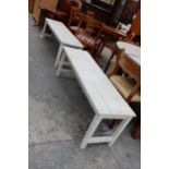 A PAIR OF WHITE PAINTED BENCH/TABLES 56" X 15" AND 52" X 15"