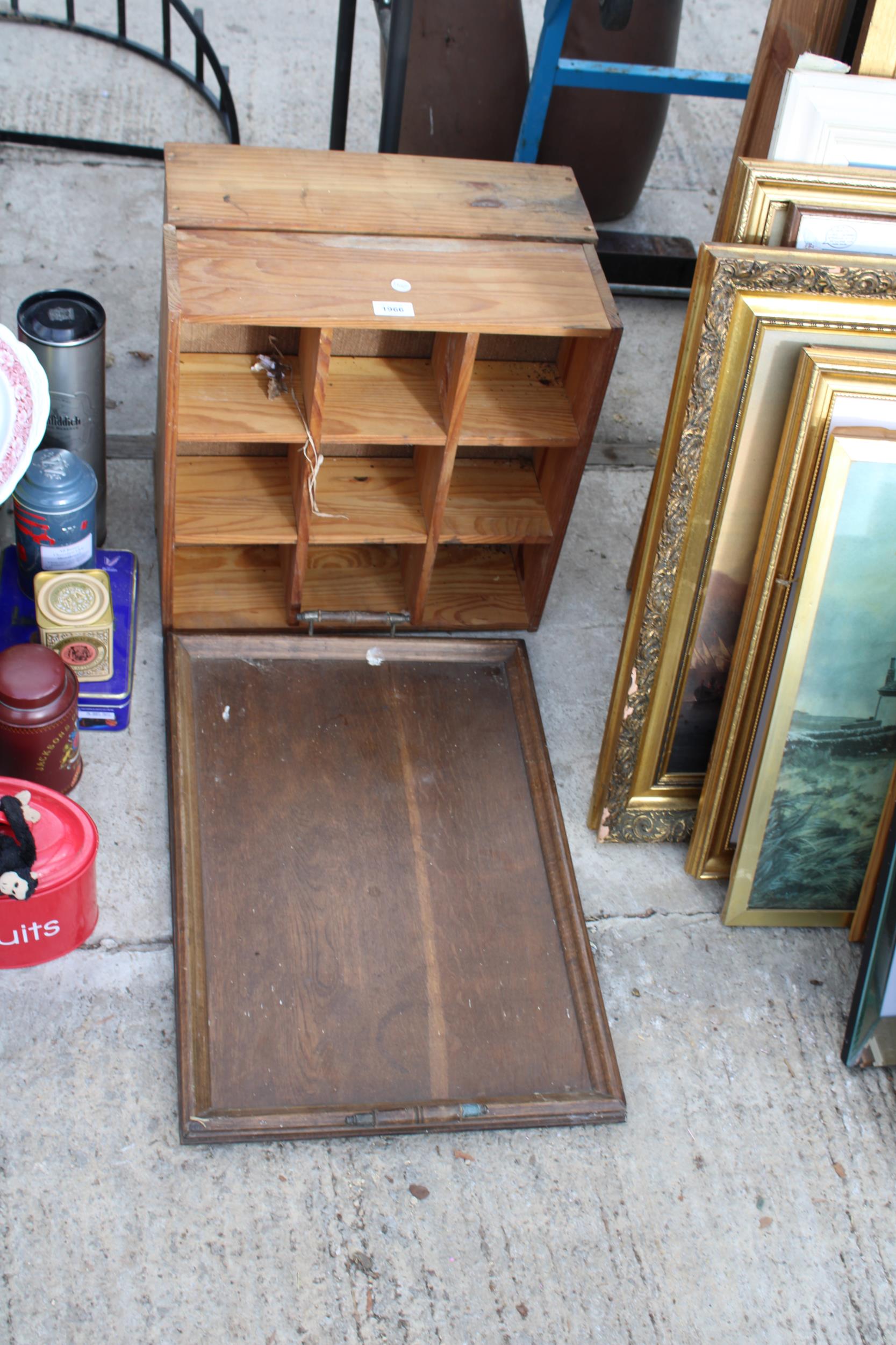 A VINTAGE TWIN HANDLED WOODEN TRAY AND TWO PIGEON HOLE UNITS