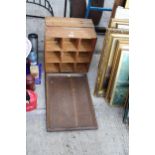 A VINTAGE TWIN HANDLED WOODEN TRAY AND TWO PIGEON HOLE UNITS