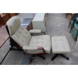 AN ULFERTS (MADE IN SWEDEN) REVOLVING RECLINER CHAIR WITH MATCHING STOOL