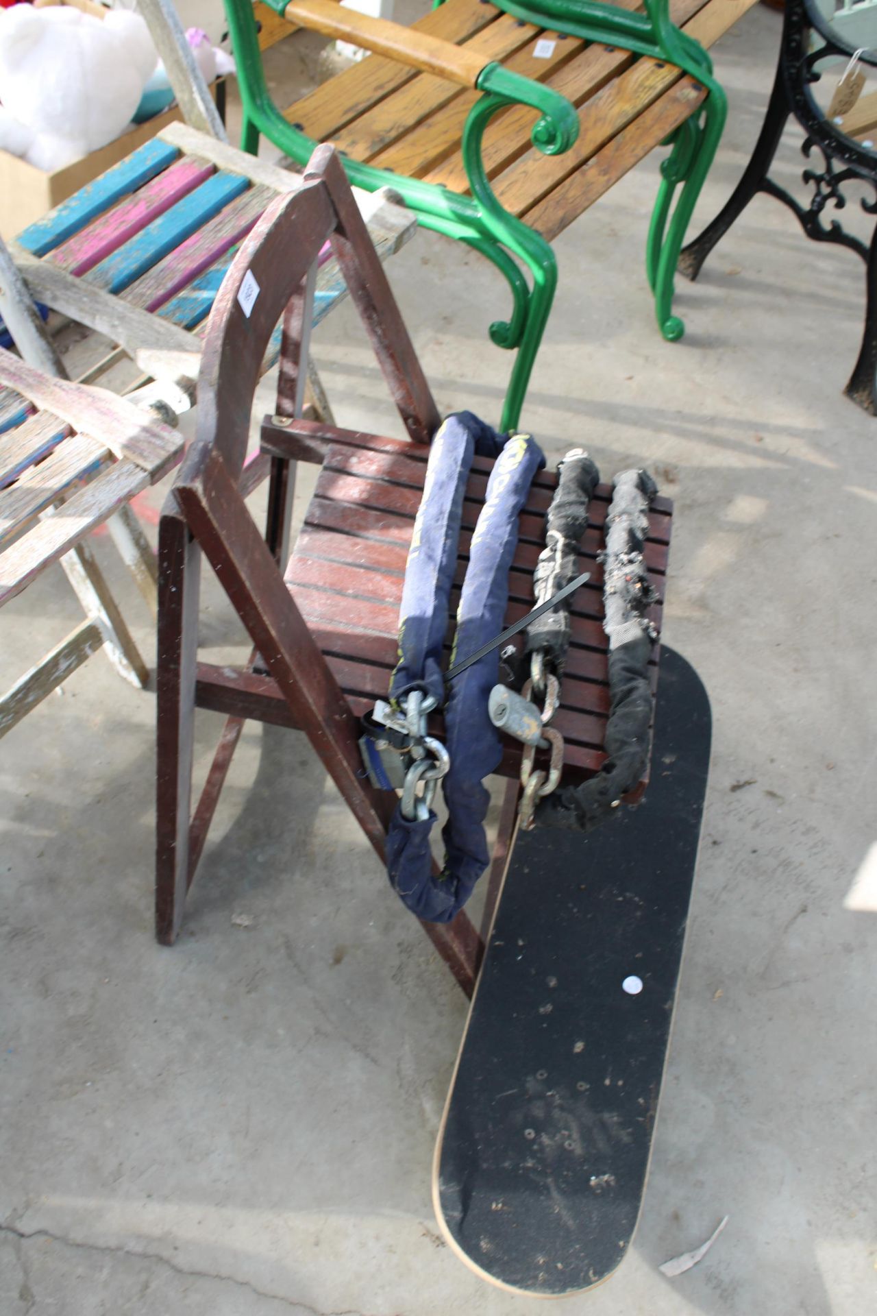 THREE WOODEN FOLDING CHAIRS, A SKATEBOARD AND TWO CHAINS AND PADLOCKS ETC - Image 3 of 3