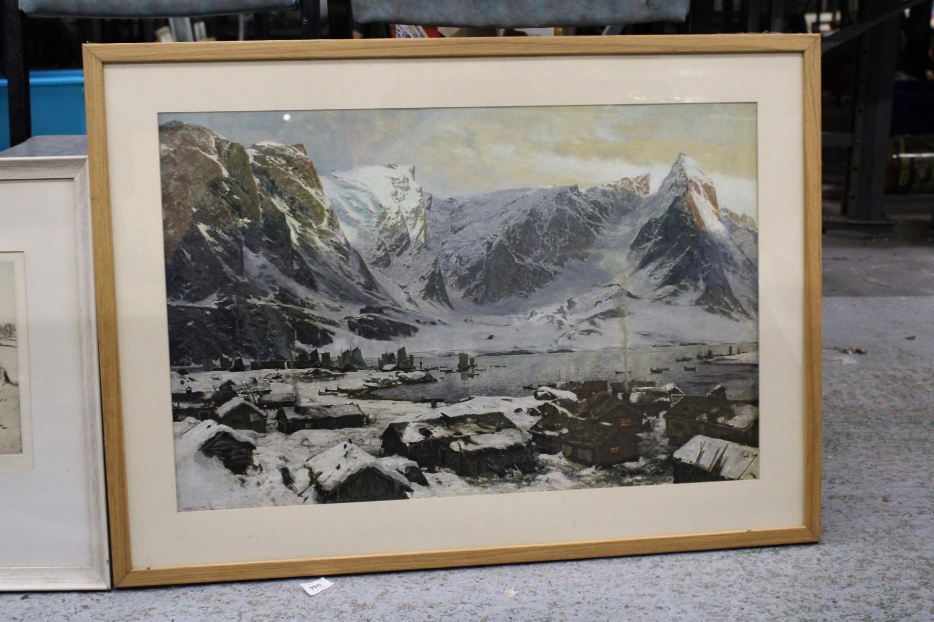 THREE FRAMED PRINTS, A MOUNTAIN SCENE, FLORAL AND HUNTING DOGS - Image 3 of 4