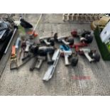 A LARGE ASSORTMENT OF AIR COMPRESSOR TOOLS TO INCLUDE NAIL GUNS AND DRILLS ETC