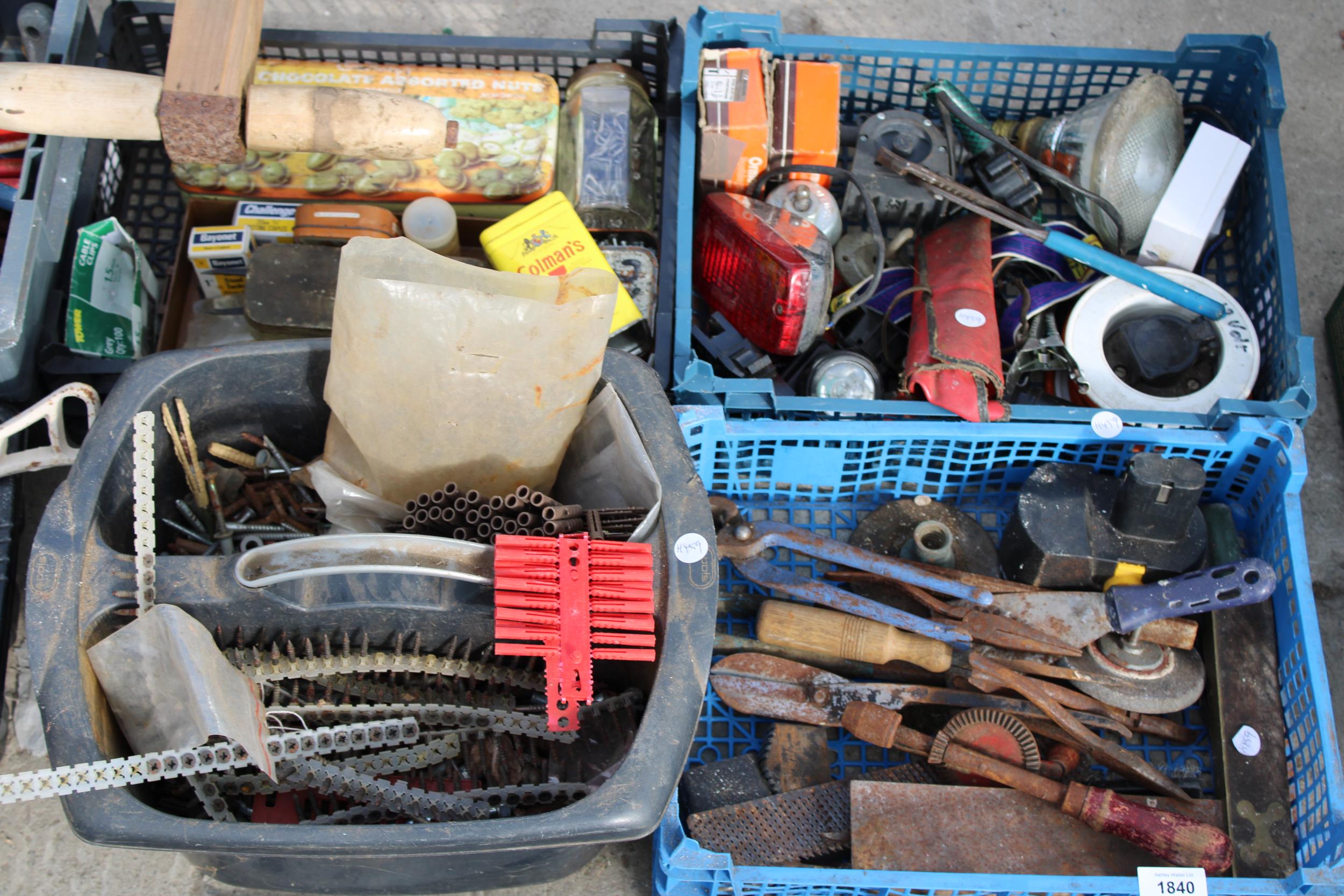 A LARGE ASSORTMENT OF TOOLS AND HARDWARE TO INCLUDE TIN SNIPS, BRACE DRILLS AND STAPLES ETC - Image 2 of 3