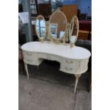 A CREAM AND GILT KIDNEY SHAPED DRESSING TABLE WITH TRIPLE MIRROR 52" WIDE