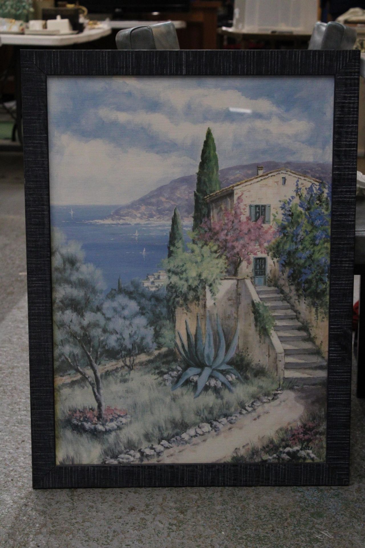 TWO FRAMED PRINTS TO INCLUDE FLOWER SELLERS WITH DOG AND A MEDITERRANEAN SCENE - Image 3 of 5