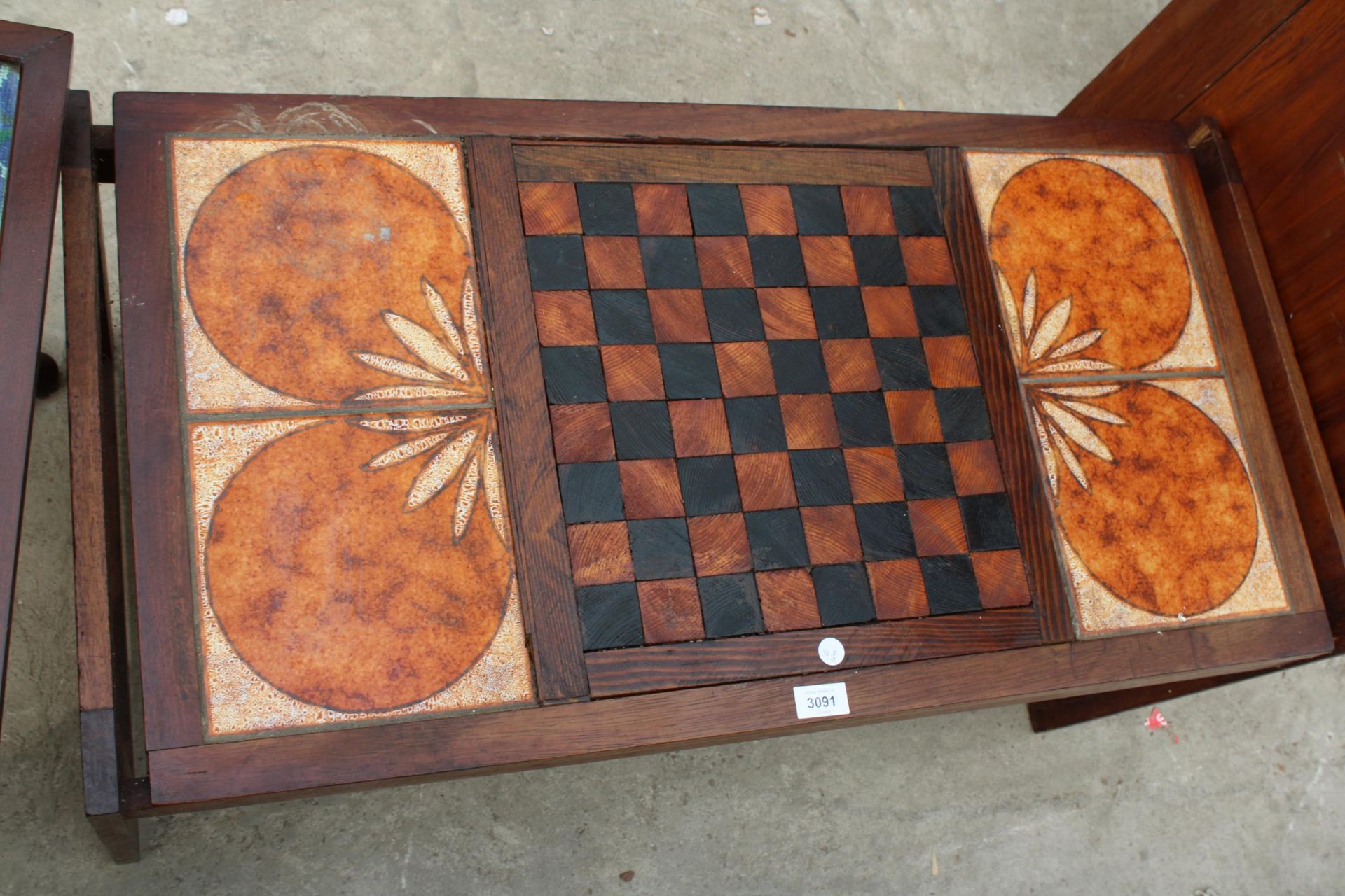 A RETRO TILED TOP COFFEE/GAMES TABLE AND COFFEE TABLE WITH WOOLWORK TOP ON CABRIOLE LEGS - Image 3 of 3