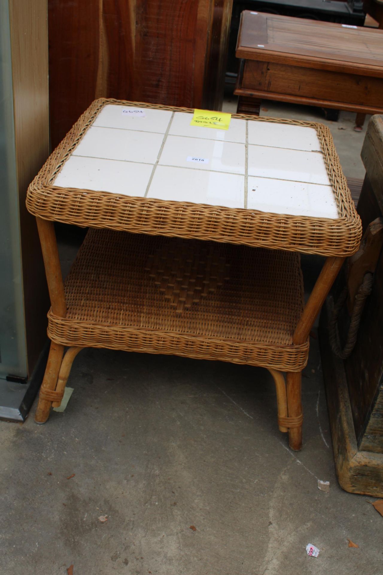 A TWO TIER WICKER LAMP TABLE WITH TILED TOP AND A GLASS FRONTED TWO DOOR BOOKCASE - Image 2 of 3