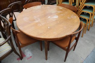A RETRO TEAK EXTENDING DINING TABLE 48" DIAMETER (LEAF 18") AND FOUR CHAIRS
