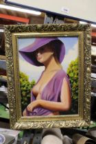 A FRAMED OIL ON BOARD OF ELEGANT WOMAN