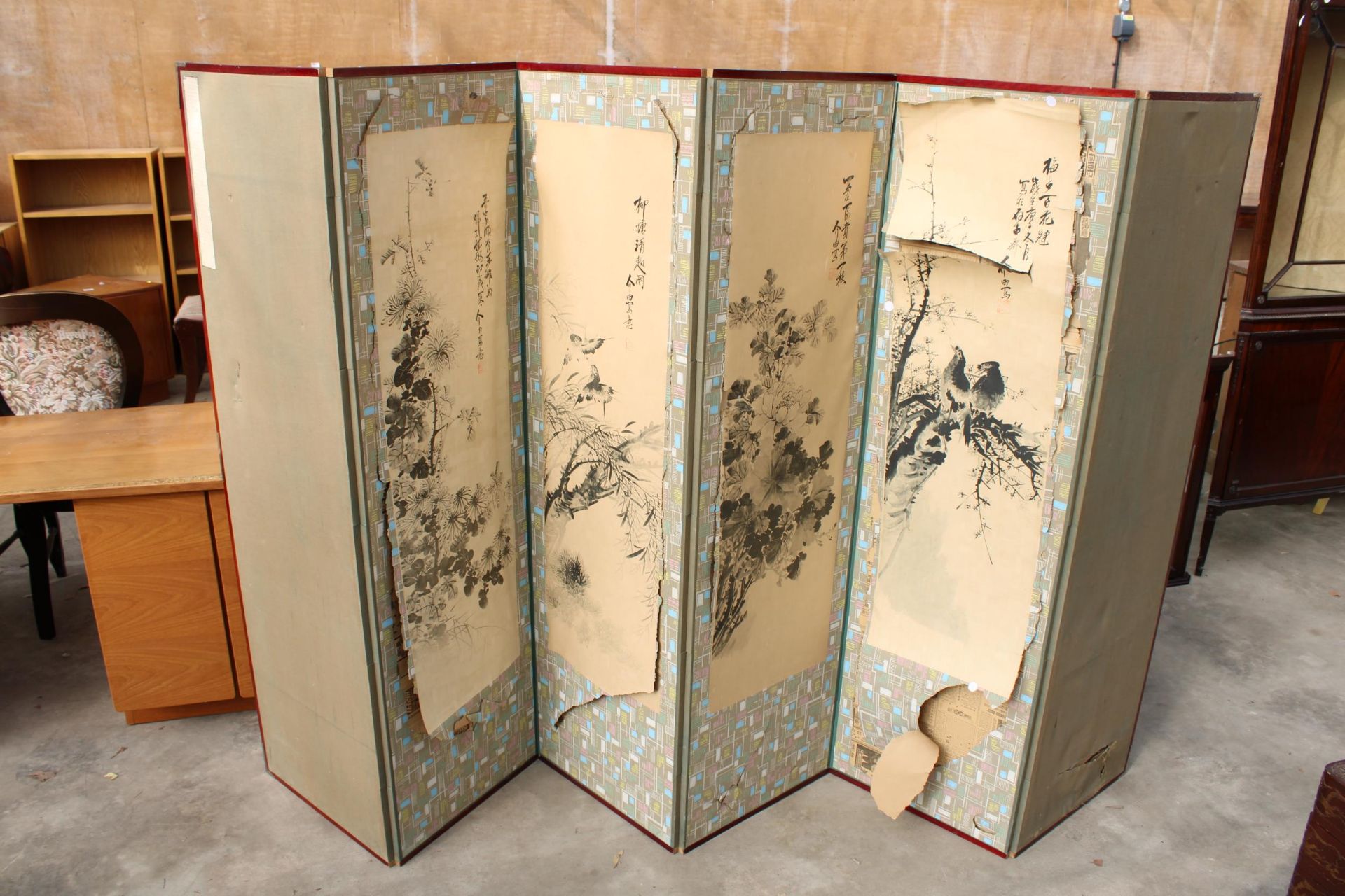 AN ORIENTAL SIX DIVISION SCREEN WITH TAPESTRY AND SILK MOUNTAIN SCENES EACH SECTION IS 60" X 18" - Image 5 of 8