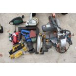 AN ASSORTMENT OF POWER TOOLS TO INCLUDE A CHALLENGE CHOP SAW, A MCKELLER WOOD PLANE AND A HI-SPEC