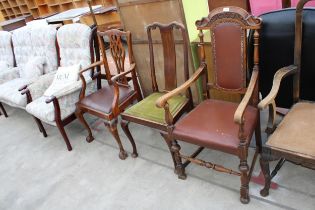 AN EARLY 20TH CENTURY OAK CARVER CHAIR, A CHIPPENDALE STYLE CARVER AND A QUEEN ANNE STYLE DINING