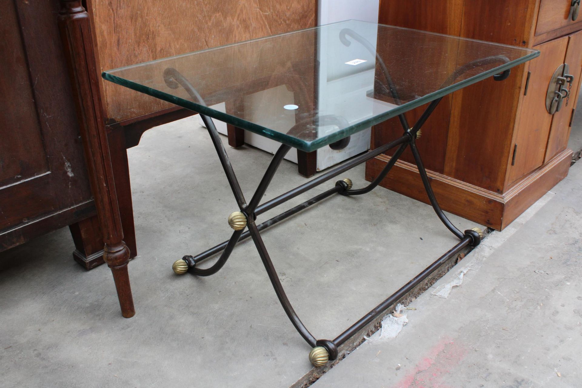 A GLASS TOP COFFEE TABLE ON X FRAME BASE AND A DEMI LUNE HALL TABLE - Image 3 of 3